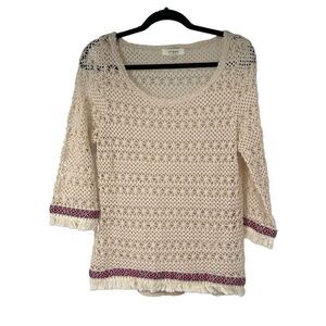 Umgee Cream Loose Knit Fringe‎ Trim Top